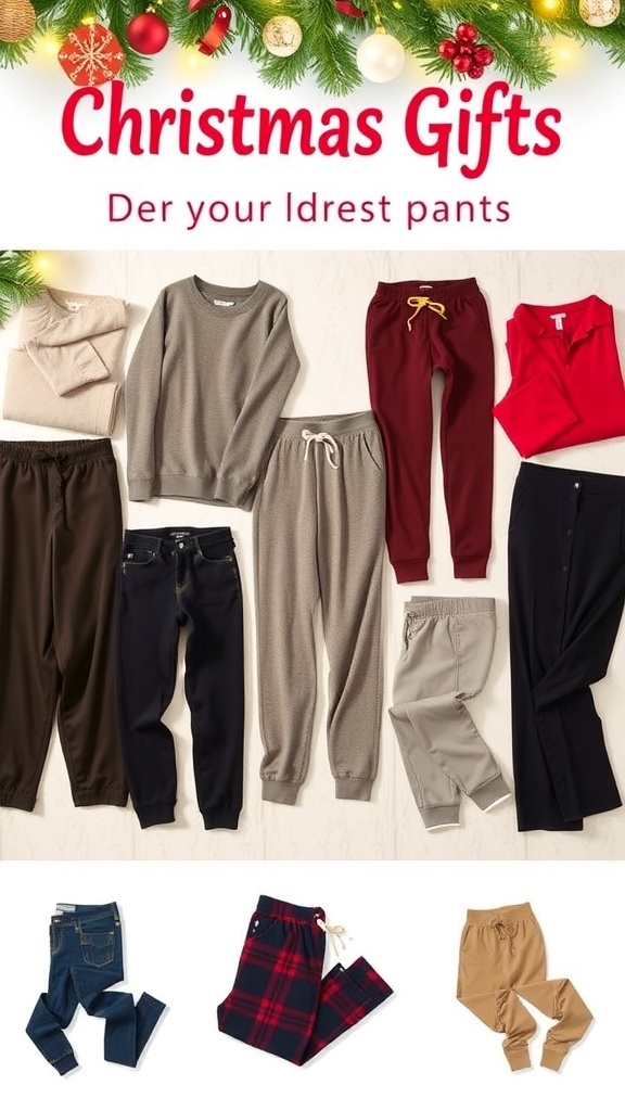 A collection of stylish pants for Christmas gifts displayed with festive decorations.